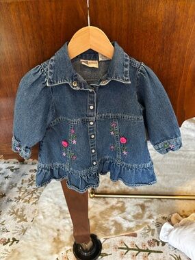 Vintage Faded Glory Blue Denim Snap Front Dress with Pink Floral Embroidery
